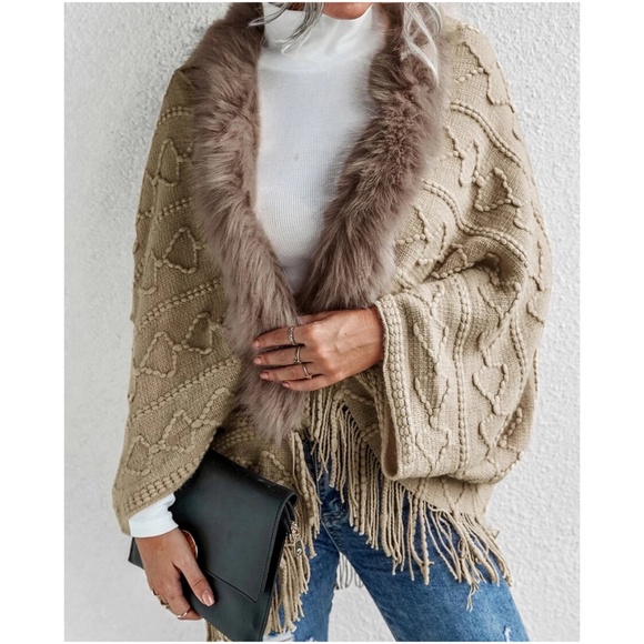 Cozy khaki Vegan Fur Tassel Hem Open Front Cardigan - Picture 13 of 13